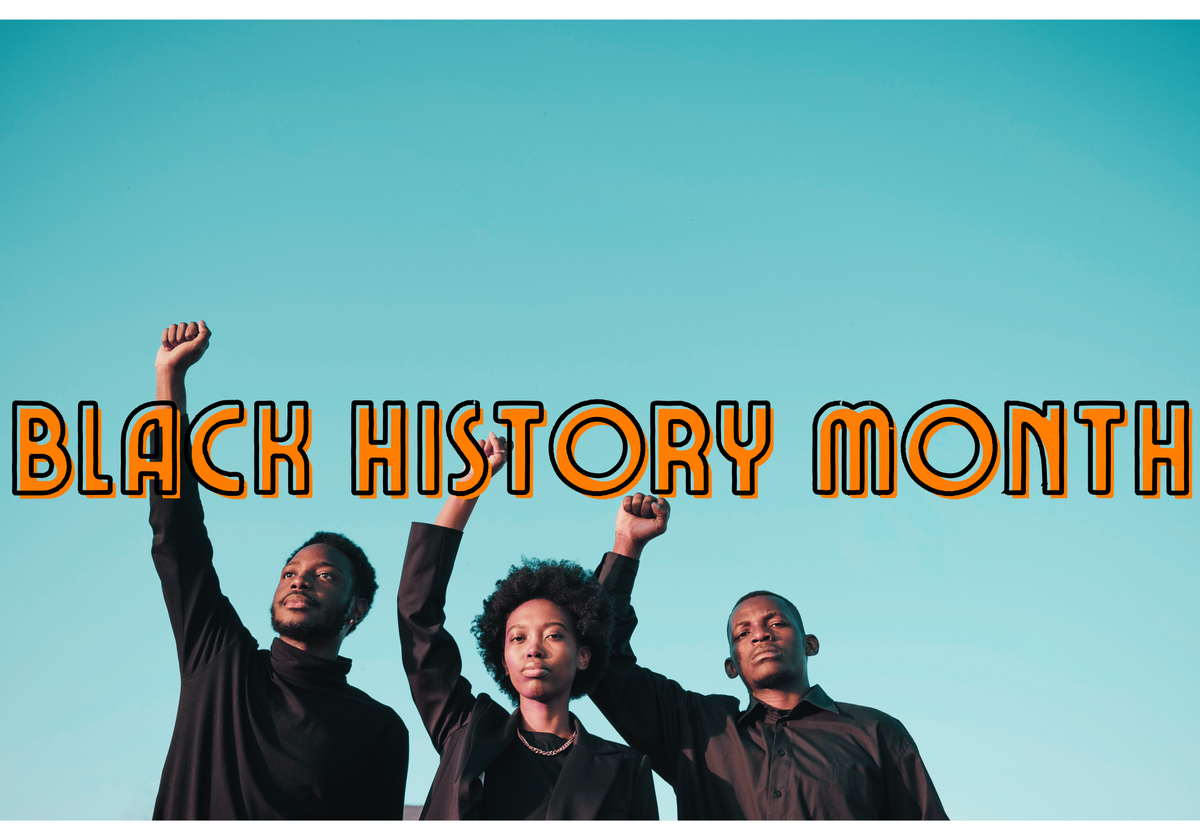 three Black figures dressed in all black business casual clothing with their fists raised